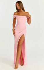 Marcel Maxi Dress - Off Shoulder Corset High Split Dress in Pink