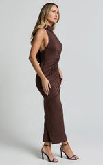 Olenna Midi Dress - Halter Neck Twist Detail Tie Back Dress in Chocolate