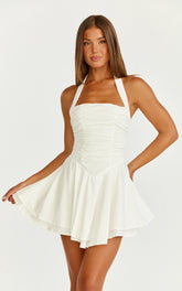 Anya Mini Dress - Halter Neck Gathered Top Drop Waist Fit And Flare Dress in White