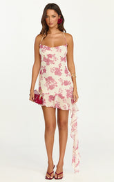 Lila Mini Dress - Cowl Neck Asymmetric Frill Skirt Dress in Toile De Joie Print