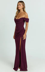 Marcel Maxi Dress - Off Shoulder Corset High Split Dress in Wine