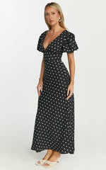 Elise Midi Dress - V Neck Puff Sleeve Dress in Black Polka