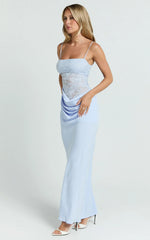 Rania Maxi Dress - Contrast Lace Bodice Bias Cowl Drop Waist Dress in Soft Blue