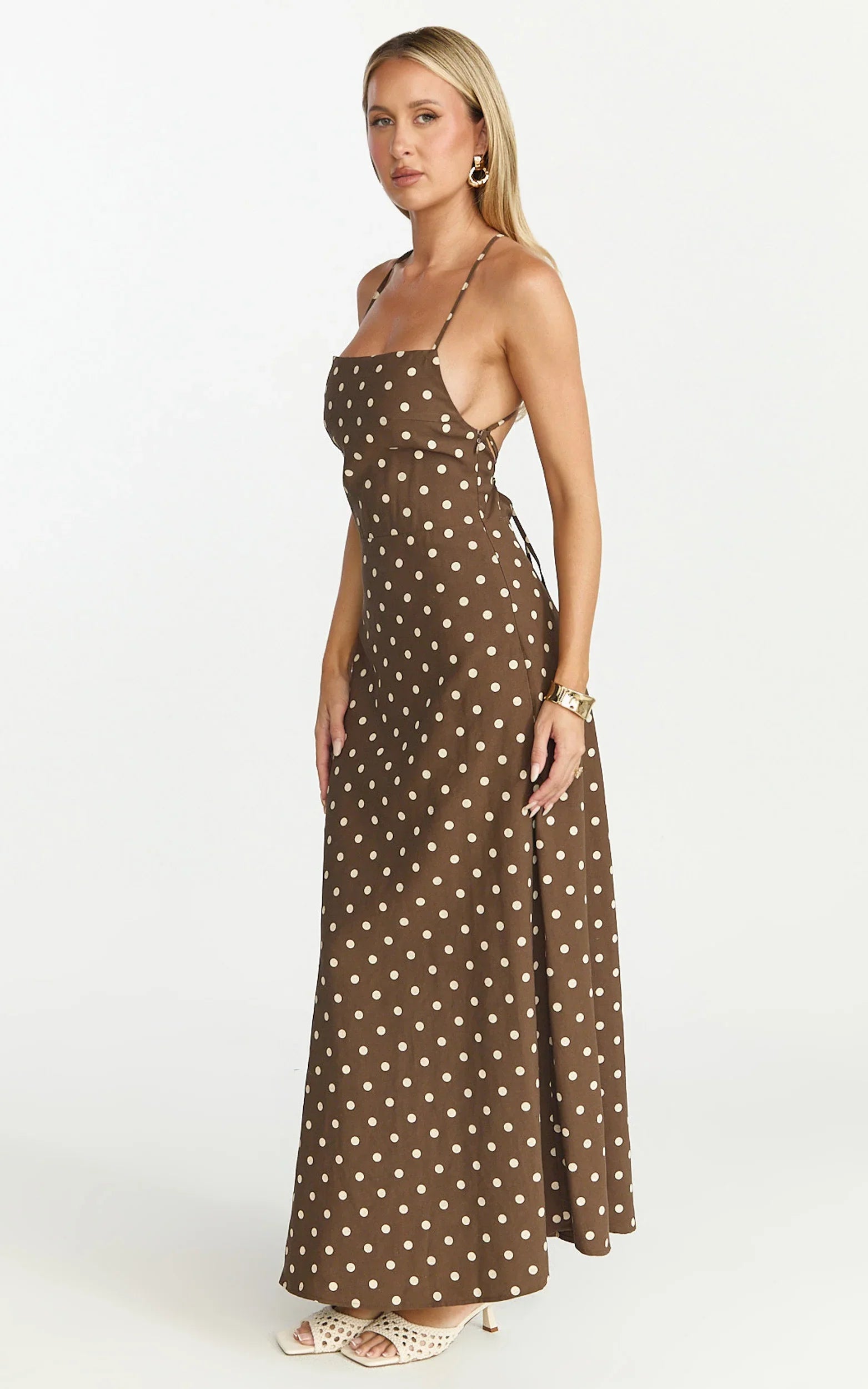 Leighton Maxi Dress - Cross Over Spaghetti Straps Square Neck A Line Dress in Choc/Cream Polka Dot