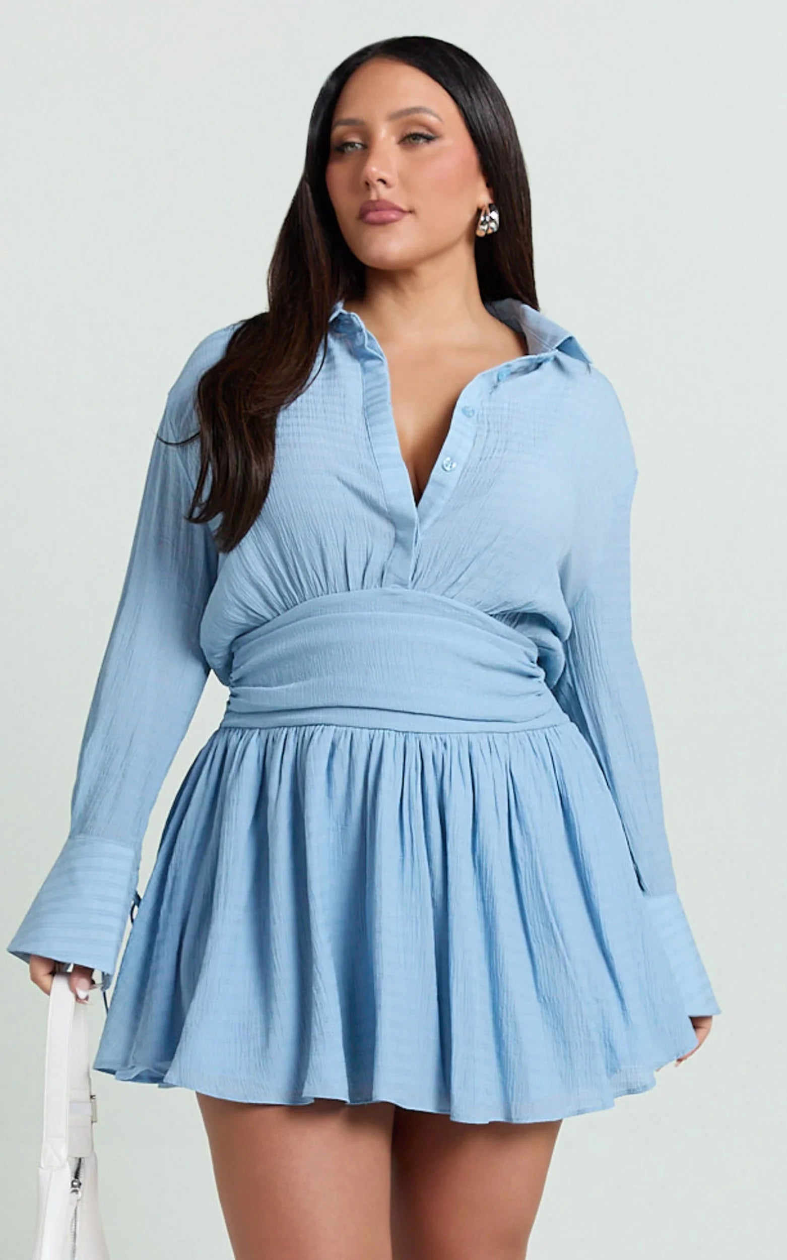 Valerie Mini Dress - Collared Long Sleeve Waist Shirt Dress in Pale Blue
