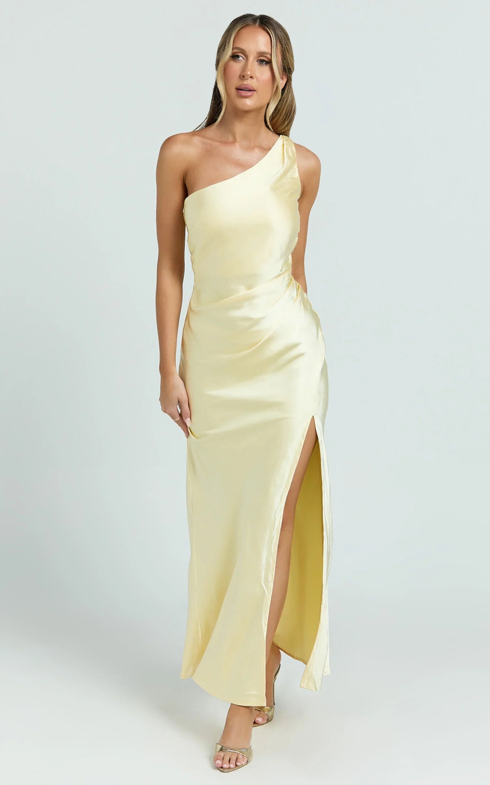 Isla Maxi Dress - Satin One Shoulder Side Split Dress in Lemon