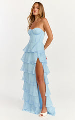 Bella Maxi Dress - Strapless Corset Bodice Lace Up Back Tiered Ruffle Dress in Soft Blue