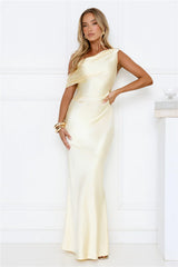 She's A Dream Satin Off Shoulder Maxi Dress Yellow
