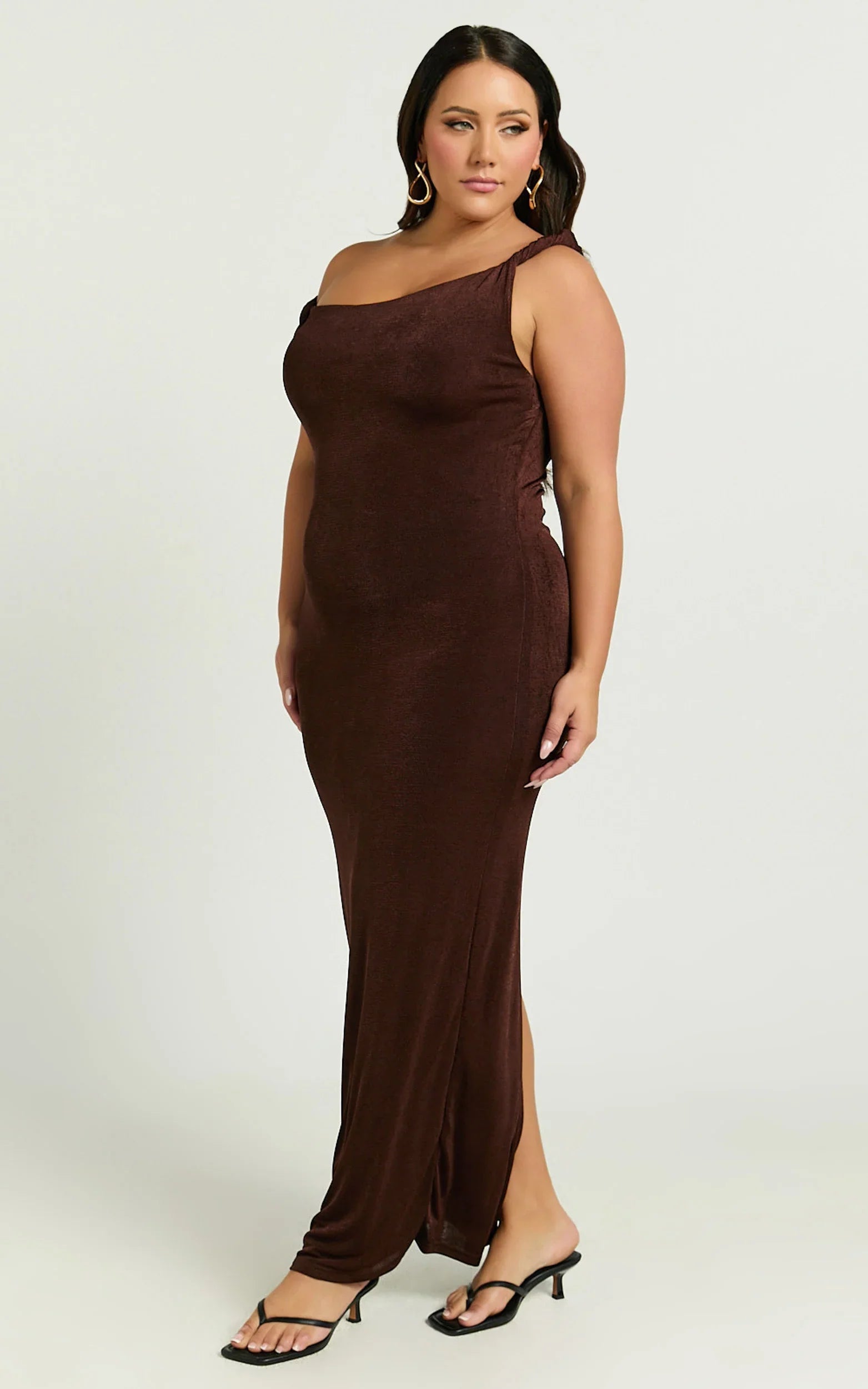 Isabel Midi Dress - Twist Off Shoulder Bodycon Dress in Chocolate