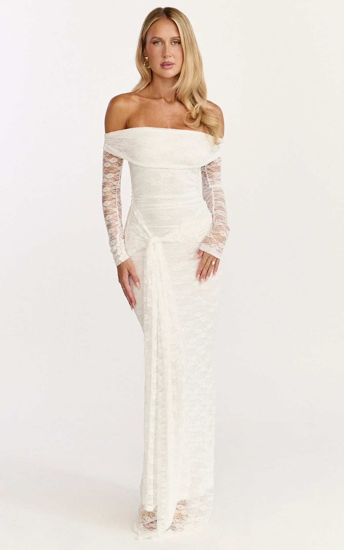Melville Maxi Dress - Off Shoulder Long Sleeve Lace Dress in White