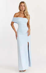 Opal Maxi Dress - Off Shoulder Gathered Bodice Fit And Flare Dress in Blue