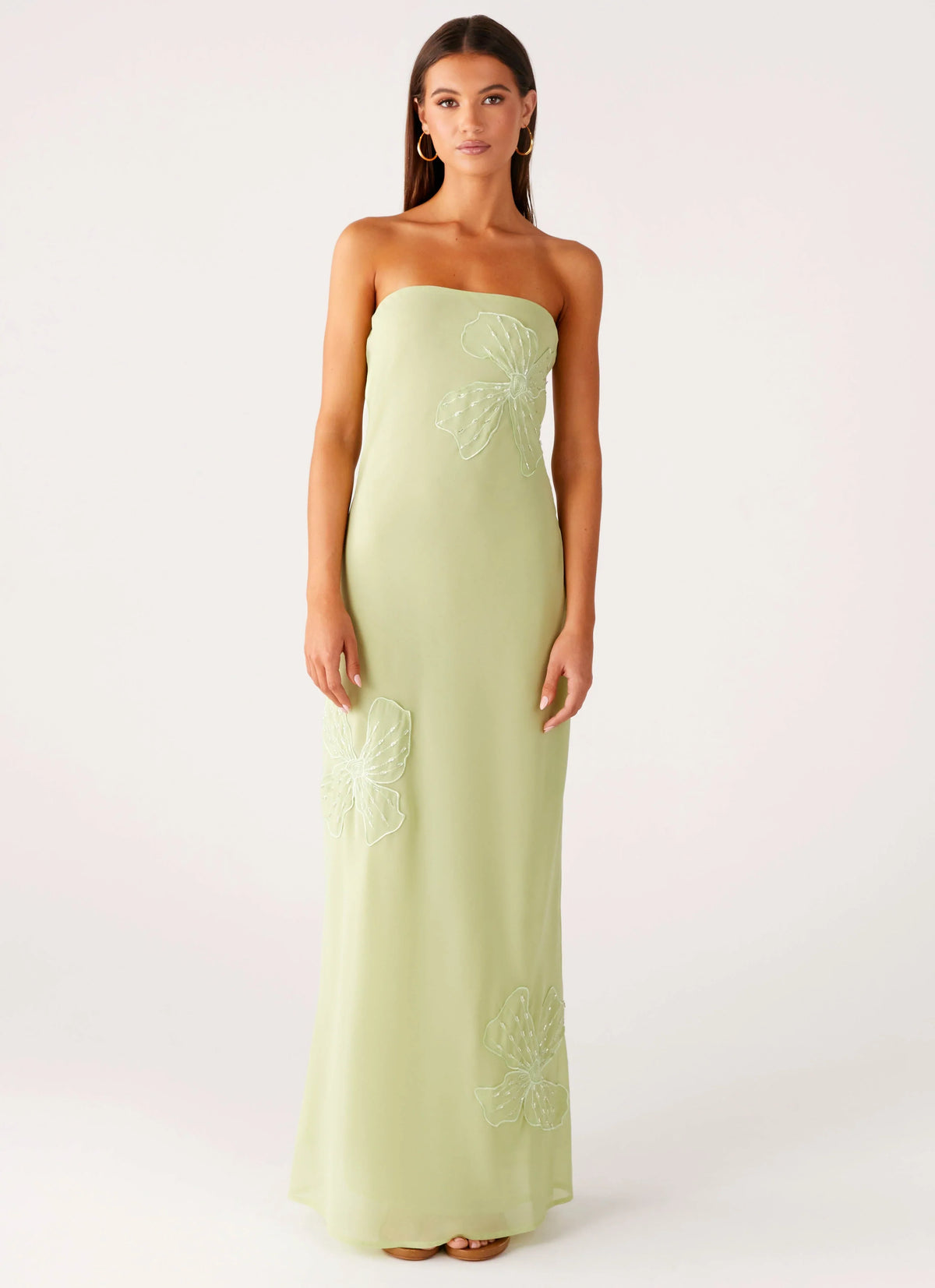 Sassafras Beaded Flower Strapless Maxi Dress - Lime