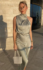 Minnie Midi Dress - Drape Neck Satin Slip Dress in Sage