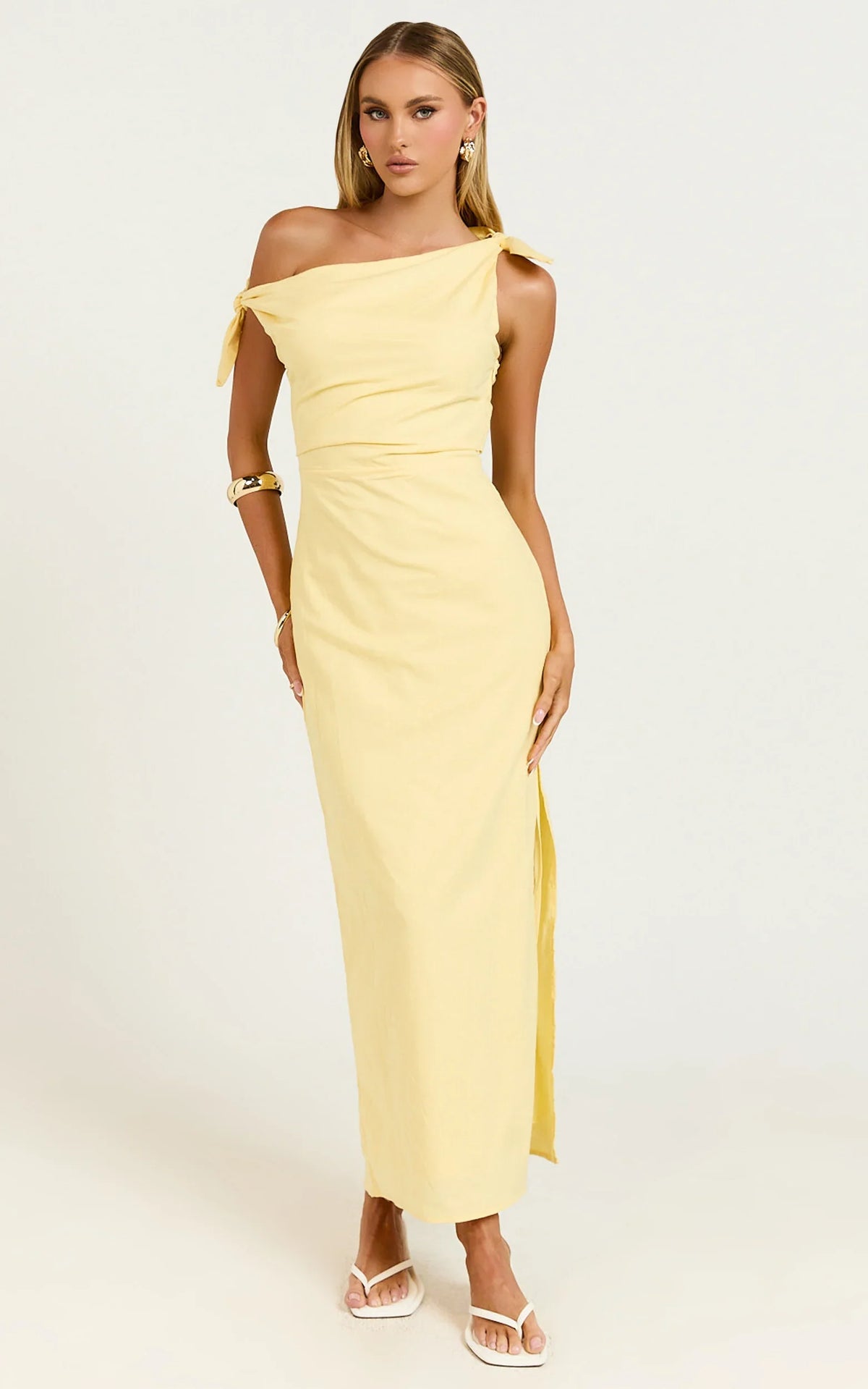 Cincinnati Midi Dress - Off The Shoulder Side Split Column Linen Dress in Lemon