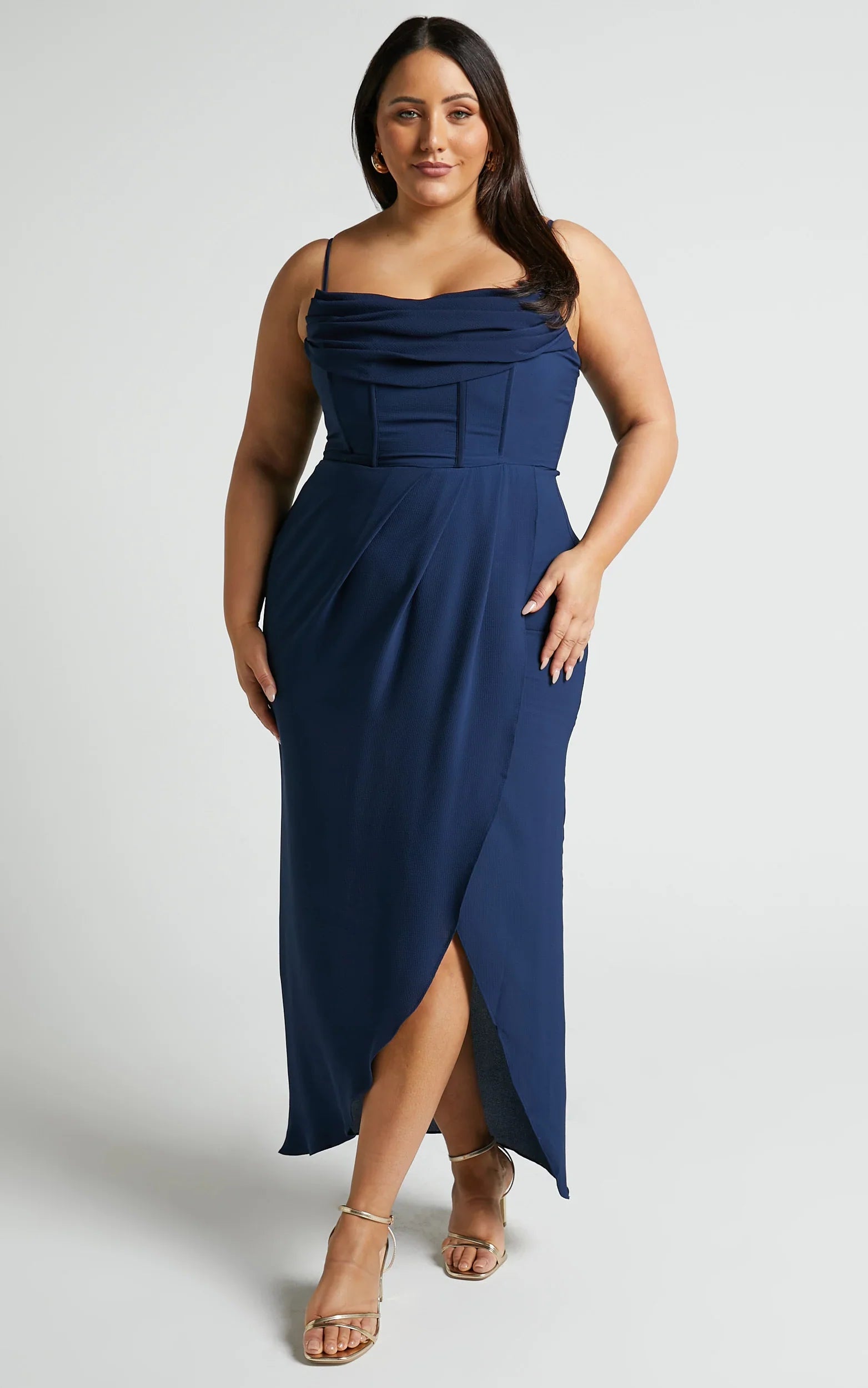 Andrina Midi Dress - High Low Wrap Corset Dress in Navy