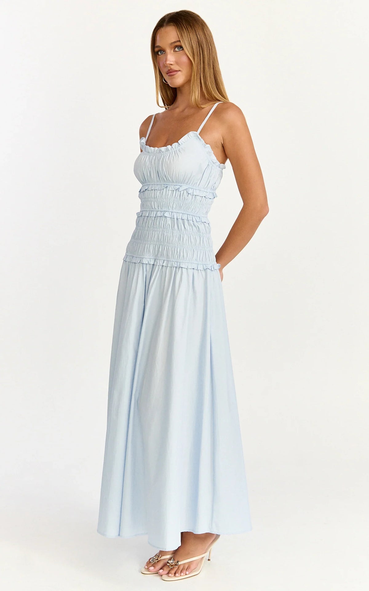 Cami Midi Dress - Rushed Bodice Dress in Blue