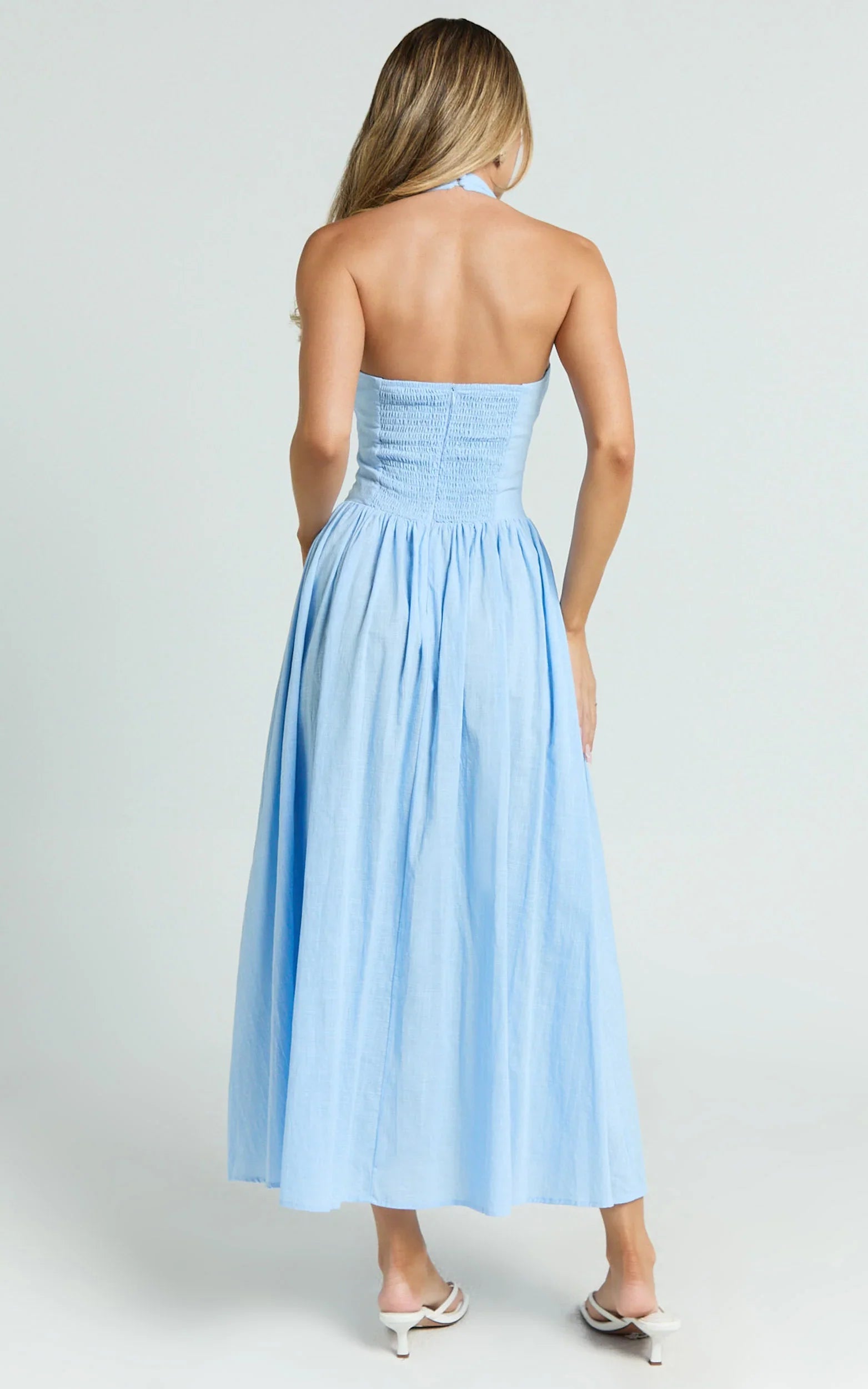 Athena Midi Dress - Halter Drop Waist Dress in Blue
