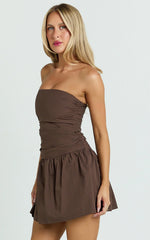 Donatella Mini Dress - Strapless Drop Waist Dress in Chocolate