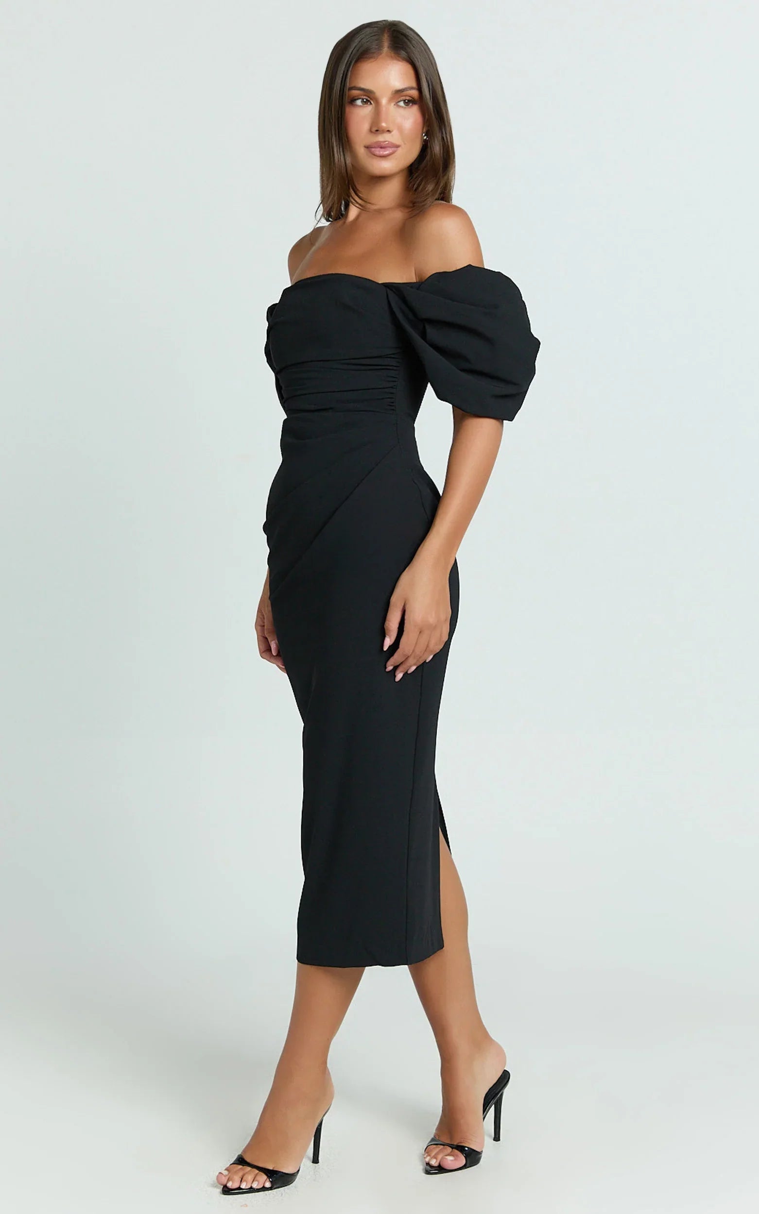 Lohan Midi Dress - Off Shoulder Puff Sleeve in Black