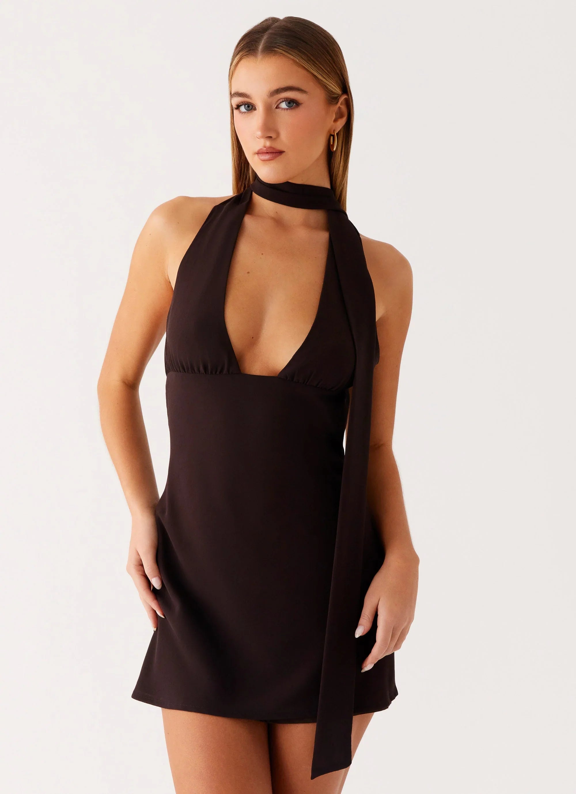 Melisande Scarf Neck Mini Dress - Cool Chocolate