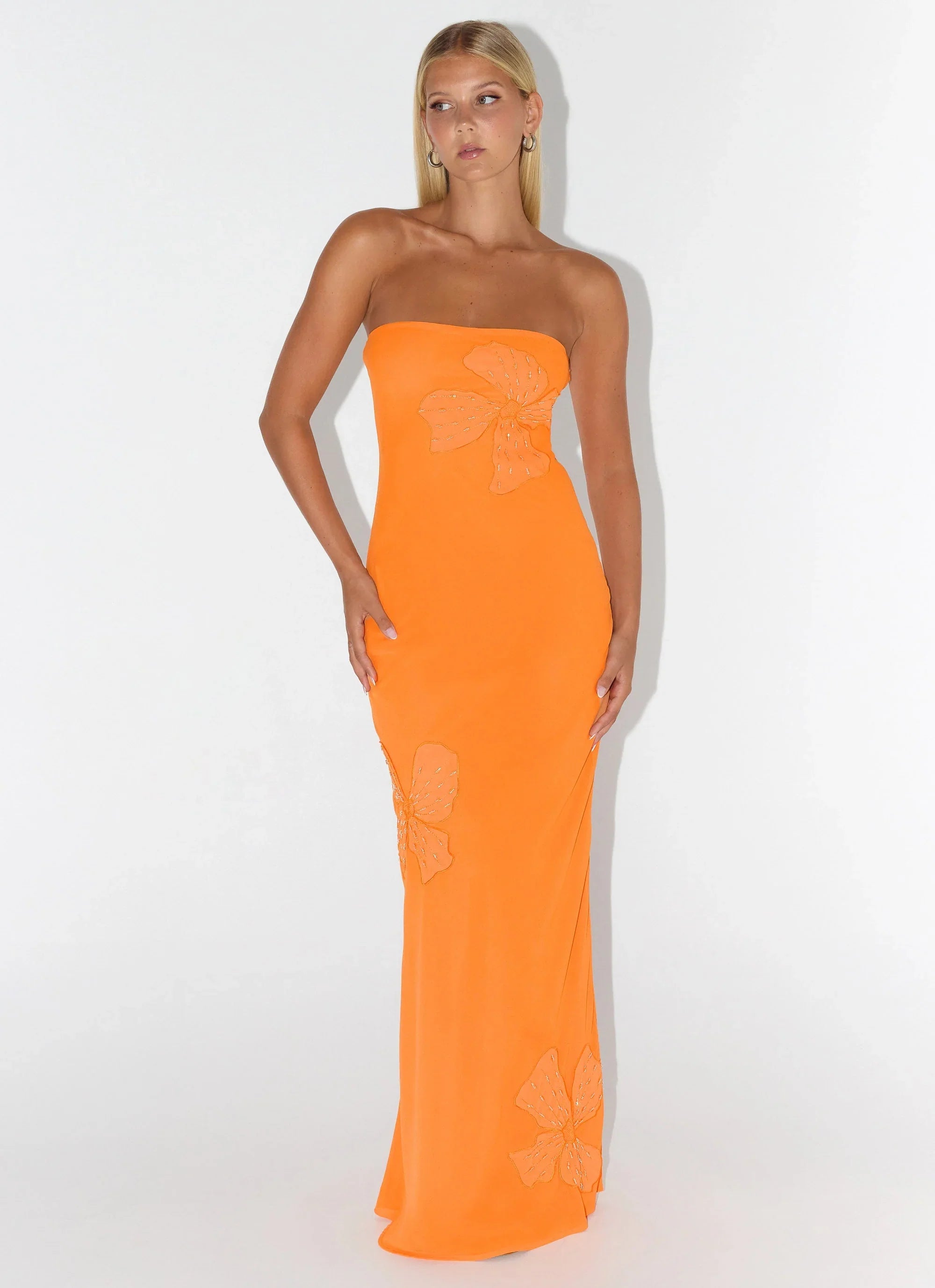 Sassafras Beaded Flower Strapless Maxi Dress - Orange