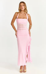 Almarie Midi Dress - Halter Neck Mesh Dress in Pink