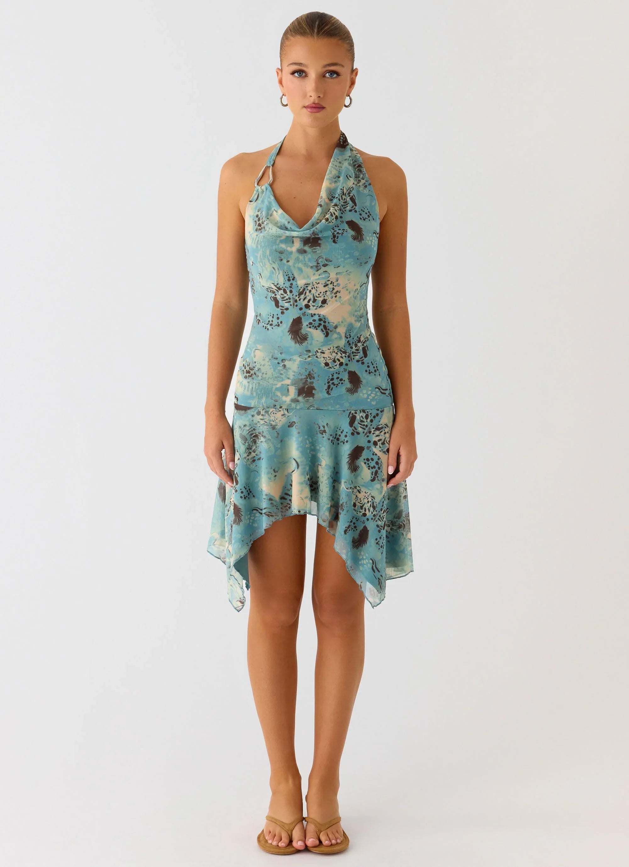 Bad Alive Halter Hanky Mini Dress - Aqua Blur