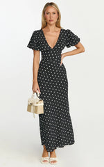 Elise Midi Dress - V Neck Puff Sleeve Dress in Black Polka