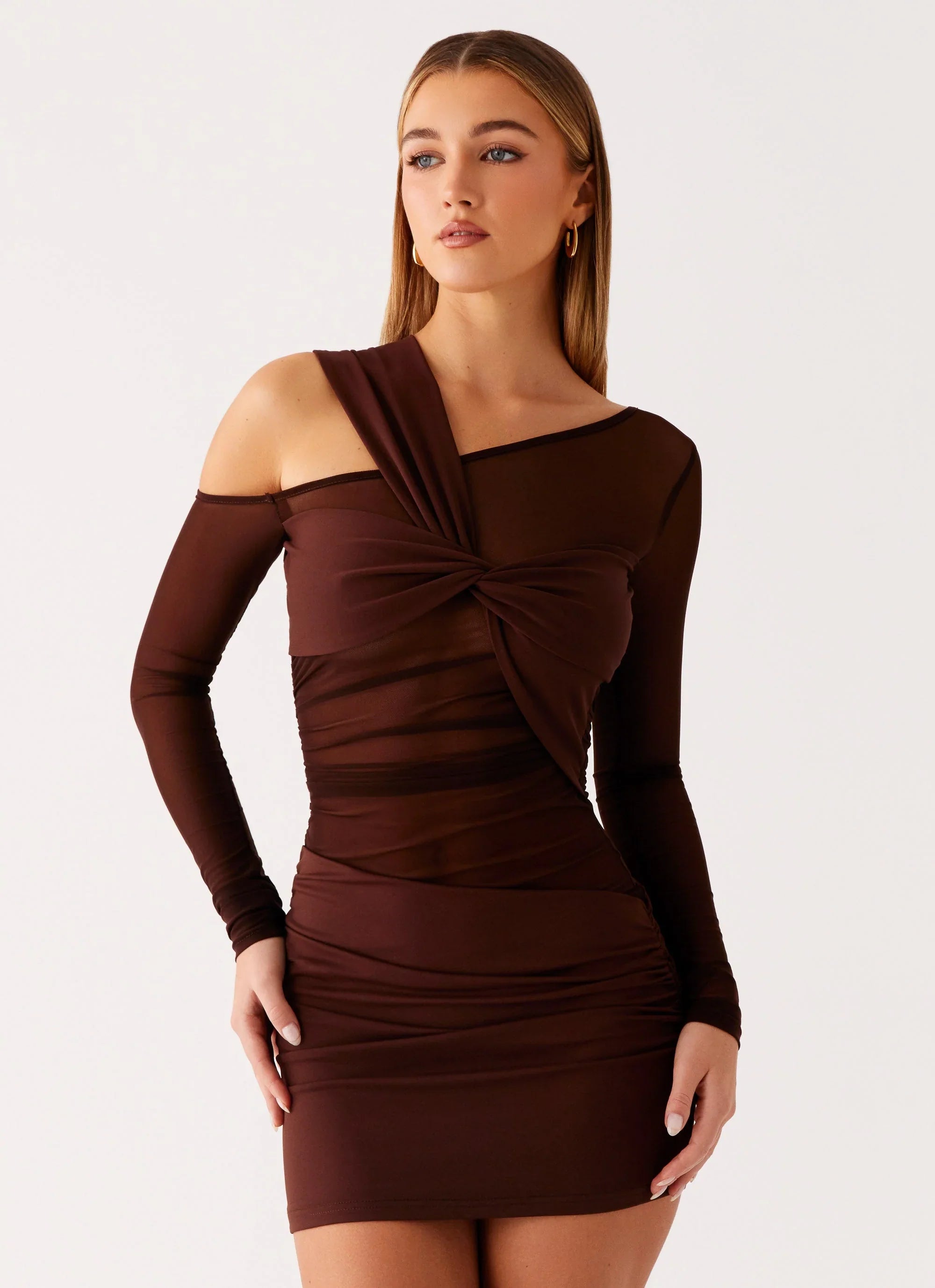 Ophelie Asymmetric Long Sleeve Mini Dress - Chocolate