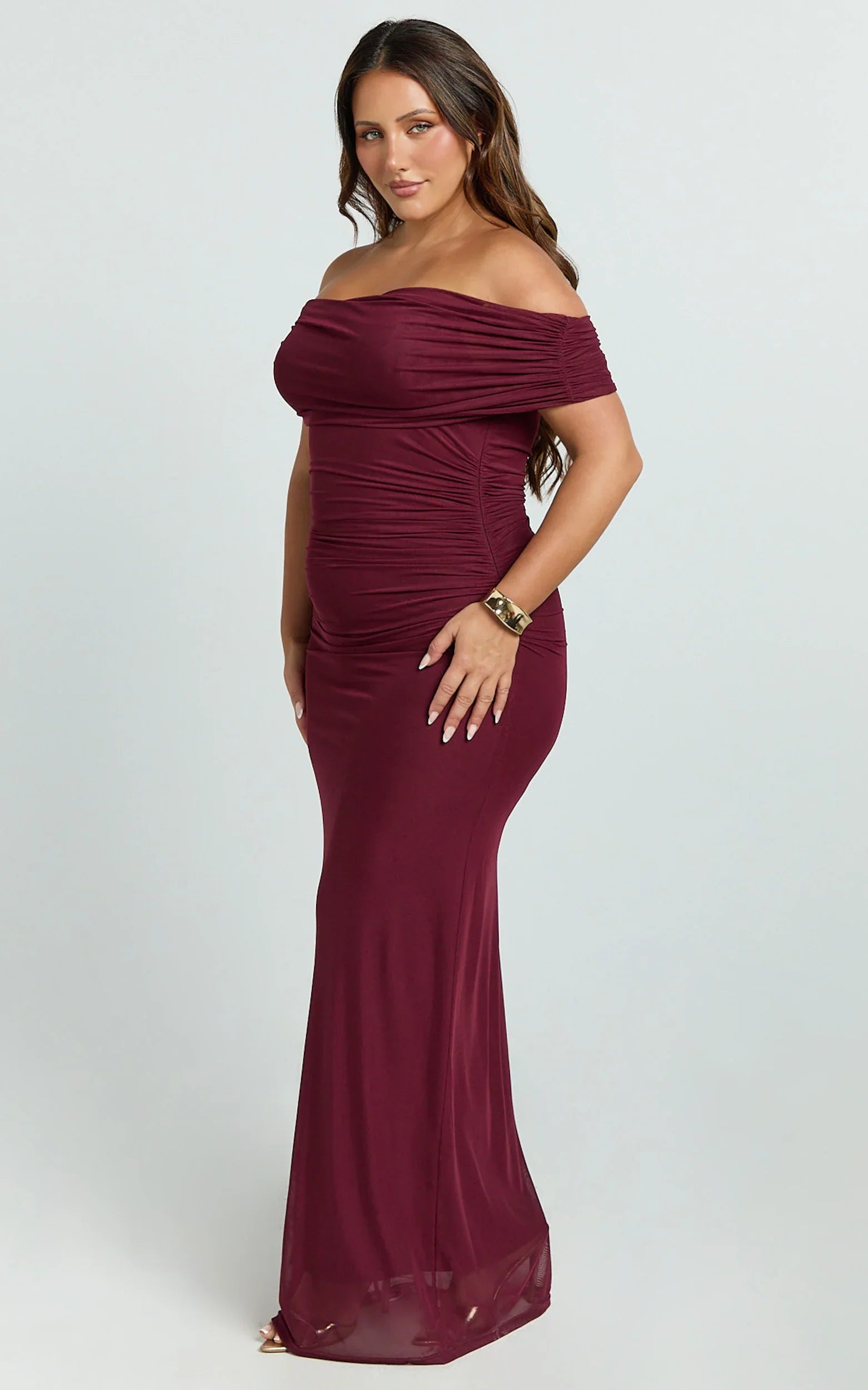 Caterina Maxi - Ruched Off Shoulder Mesh Dress in Wine