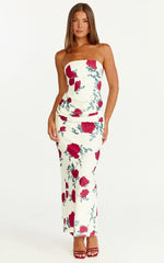 Dahlia Midi Dress - Strapless Draped Cowl Waist Fitted Dress in Scarlet Rose Print
