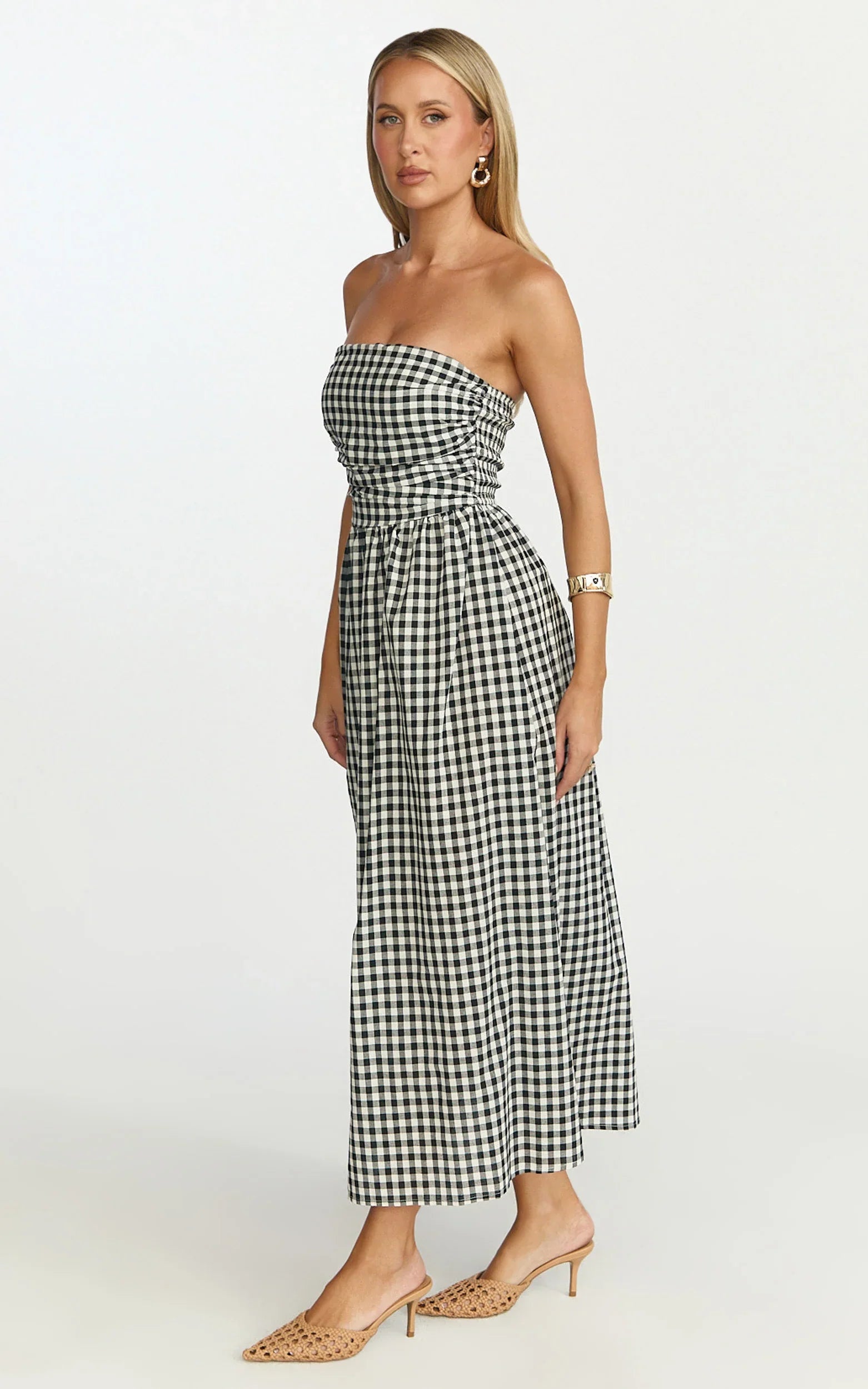 Polly Midi Dress - Strapless Ruched Dress in Black Check