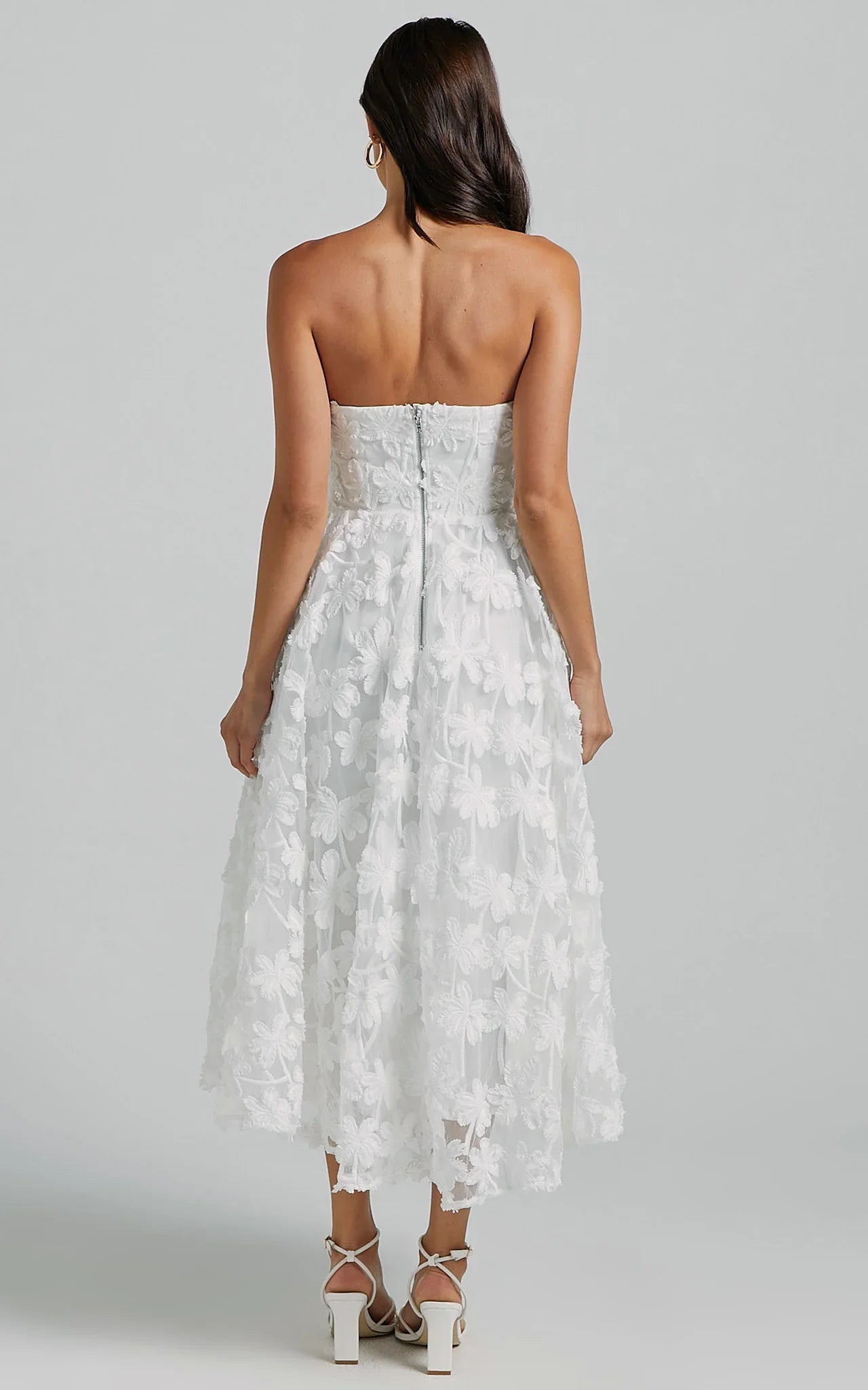Rheiva Midi Dress - Strapless 3D Embroidery Midi Dress in White