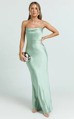 Hanna Maxi Dress - Satin Cowl Neck Low Back Dress in Sage