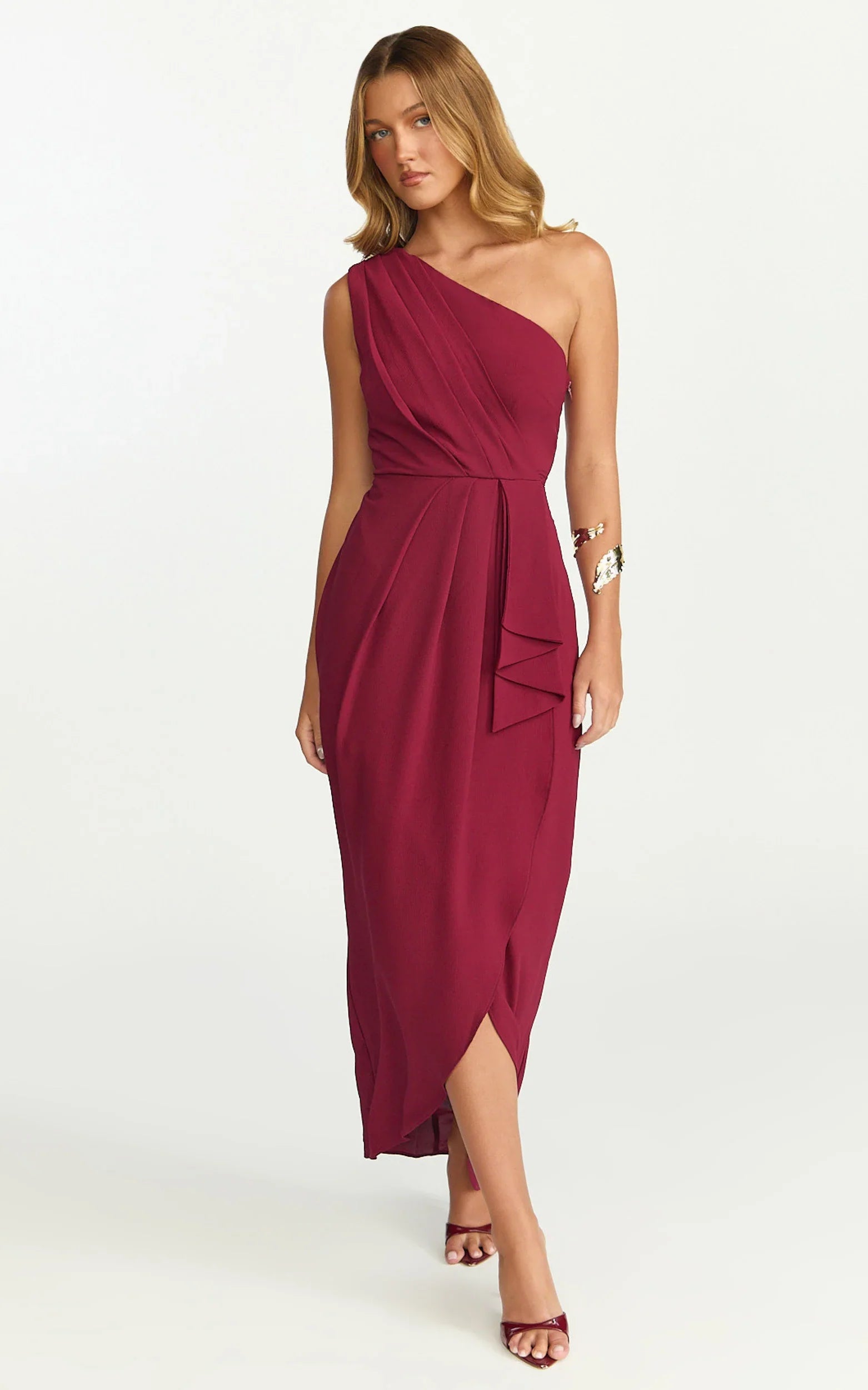 Namaari Midi Dress - Faux Wrap One Shoulder Dress in Wine