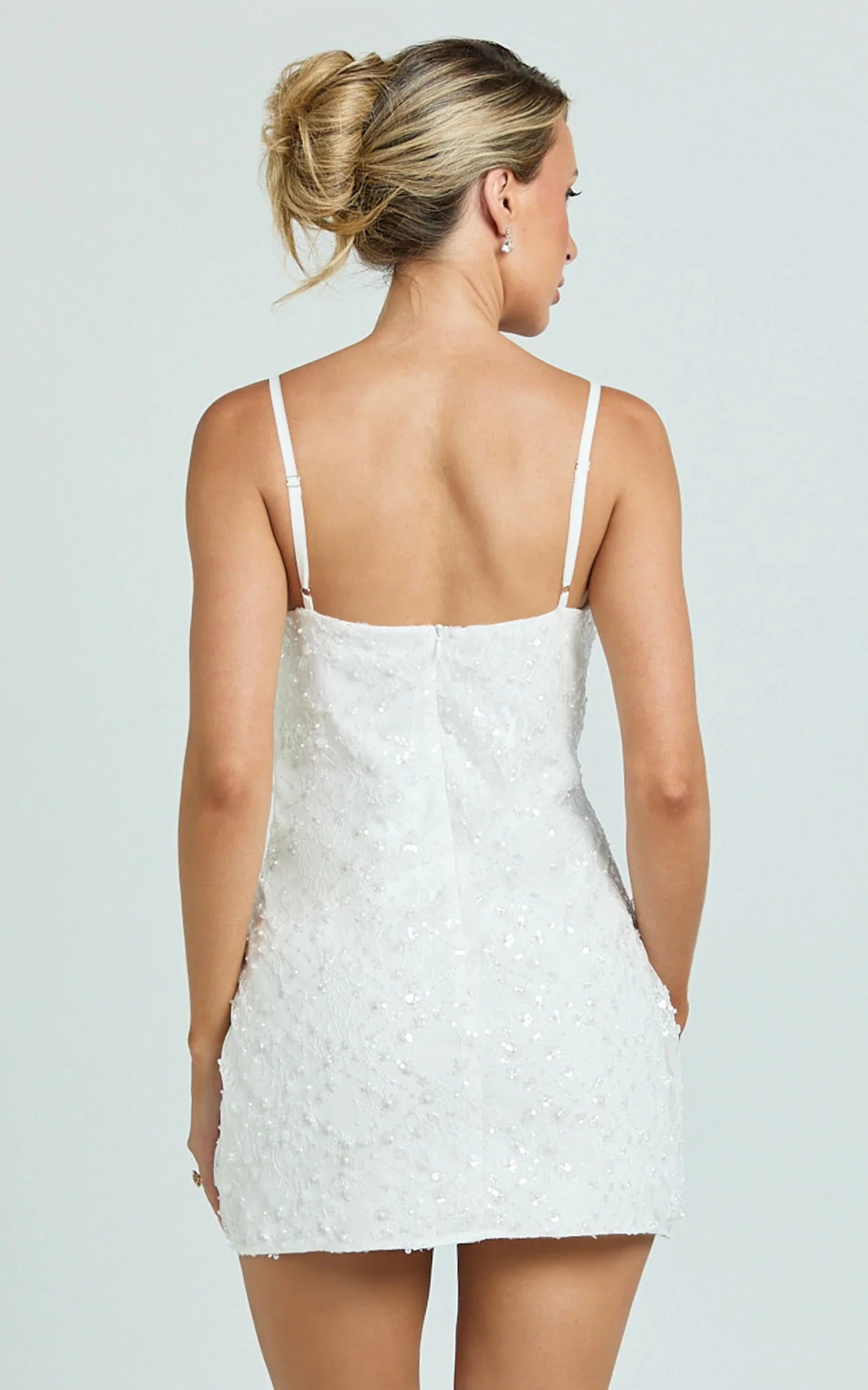 Alana Mini Dress - Sequin Lace Cowl Neck Dress in White