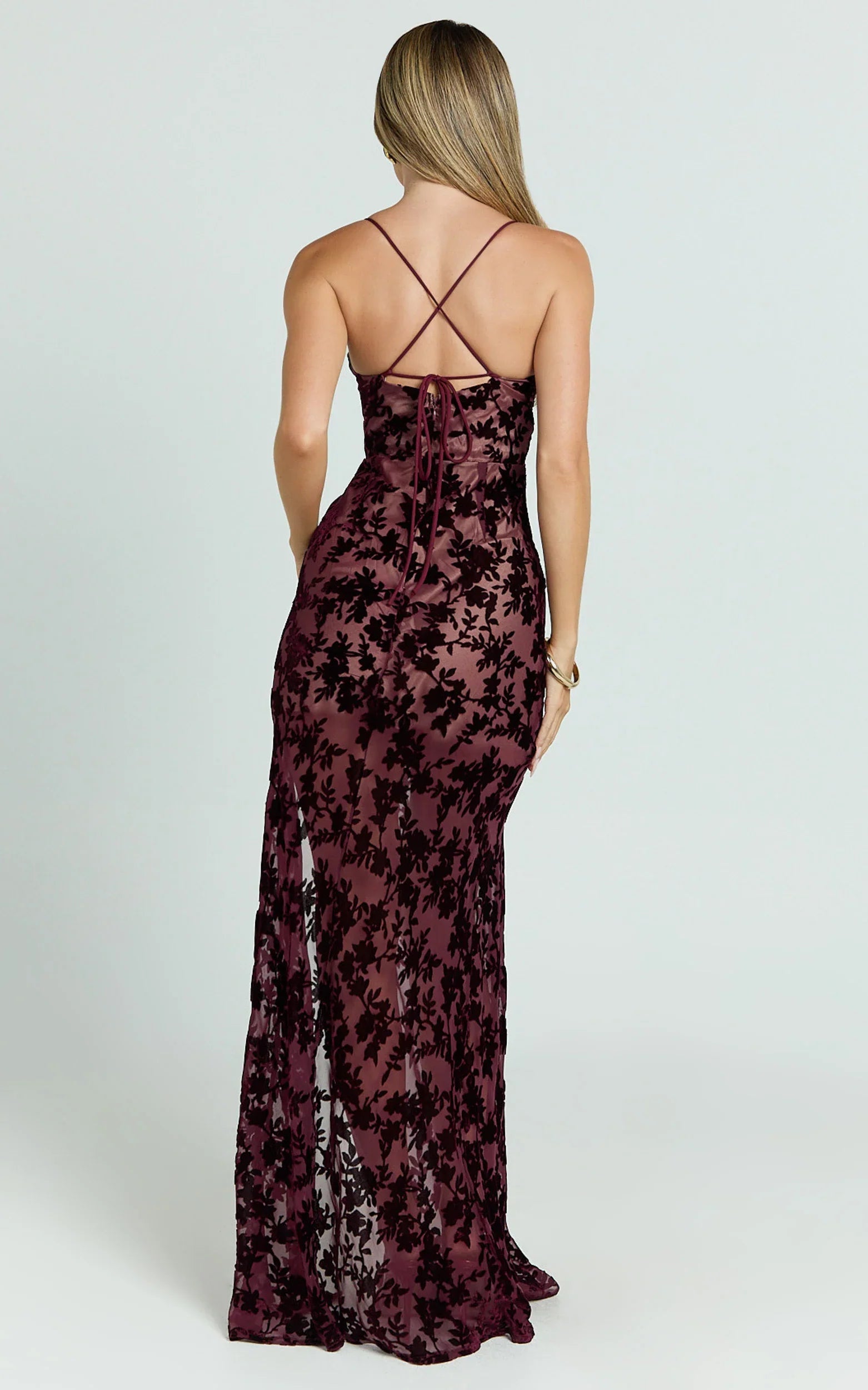 Violeta Maxi Dress - Corset Front Burnout Dress in Wine