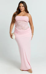 Rania Maxi Dress - Contrast Lace Bodice Bias Cowl Drop Waist Dress in Pink