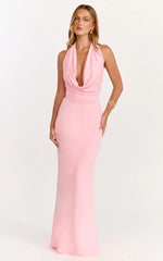 Sylvana Maxi Dress - Cowl Halter Neck Bodycon Dress in Baby Pink