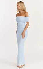 Caterina Maxi - Ruched Off Shoulder Mesh Dress in Pale Blue