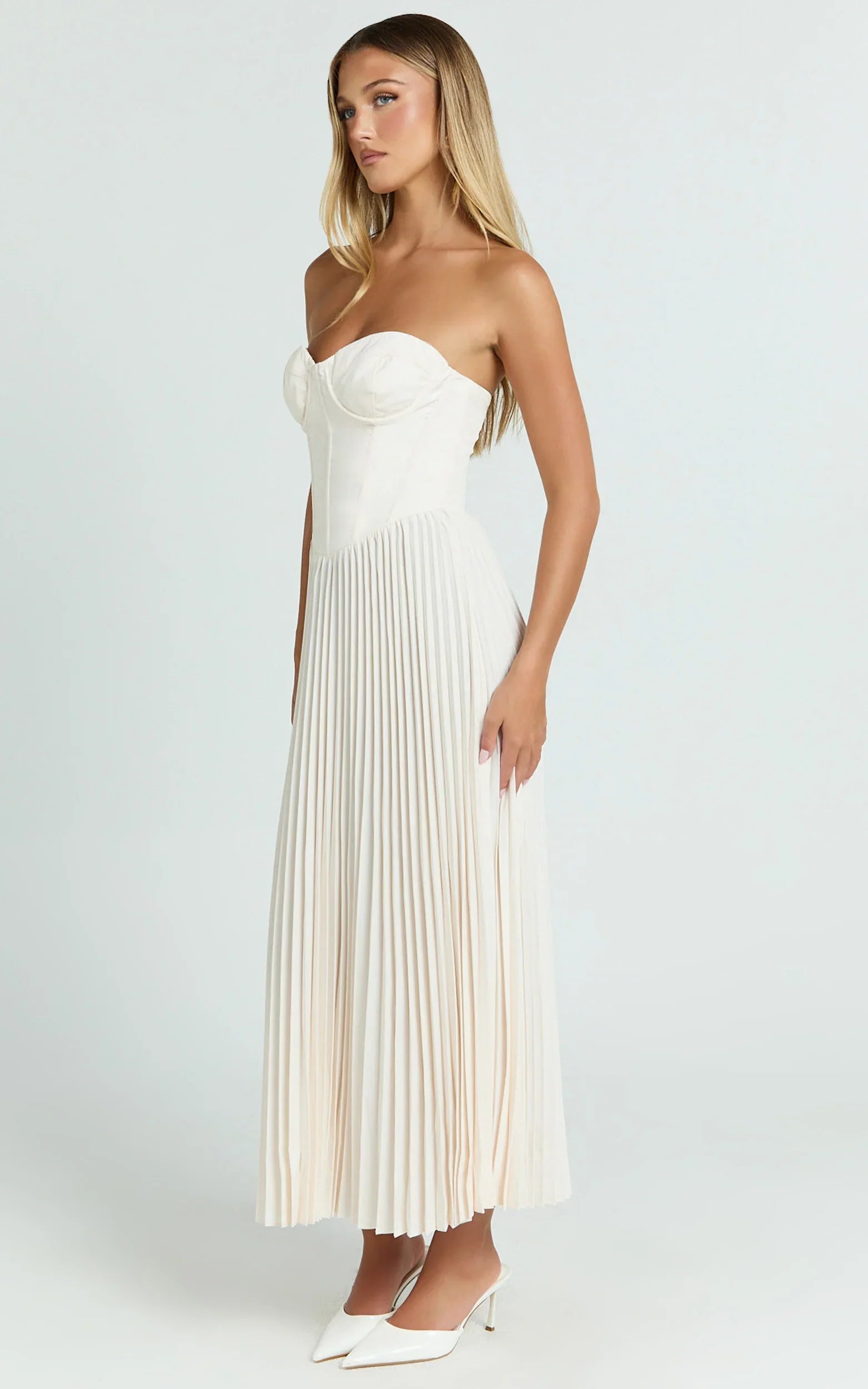 Loretta Midi Dress - Lace Up Back Bustier Pleated Dress in Cream