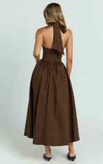 Helda Midi Dress - Halter Tie Neck Corset Panel Dress in Chocolate