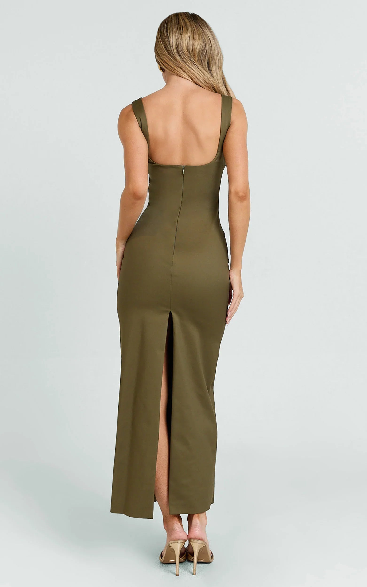 Benita Midi Dress - Scoop Neck Ruched Fitted Dress in Olive
