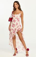 Lila Maxi Dress - Cowl Neck Asymmetric Frill Skirt Dress in Toile De Joie Print