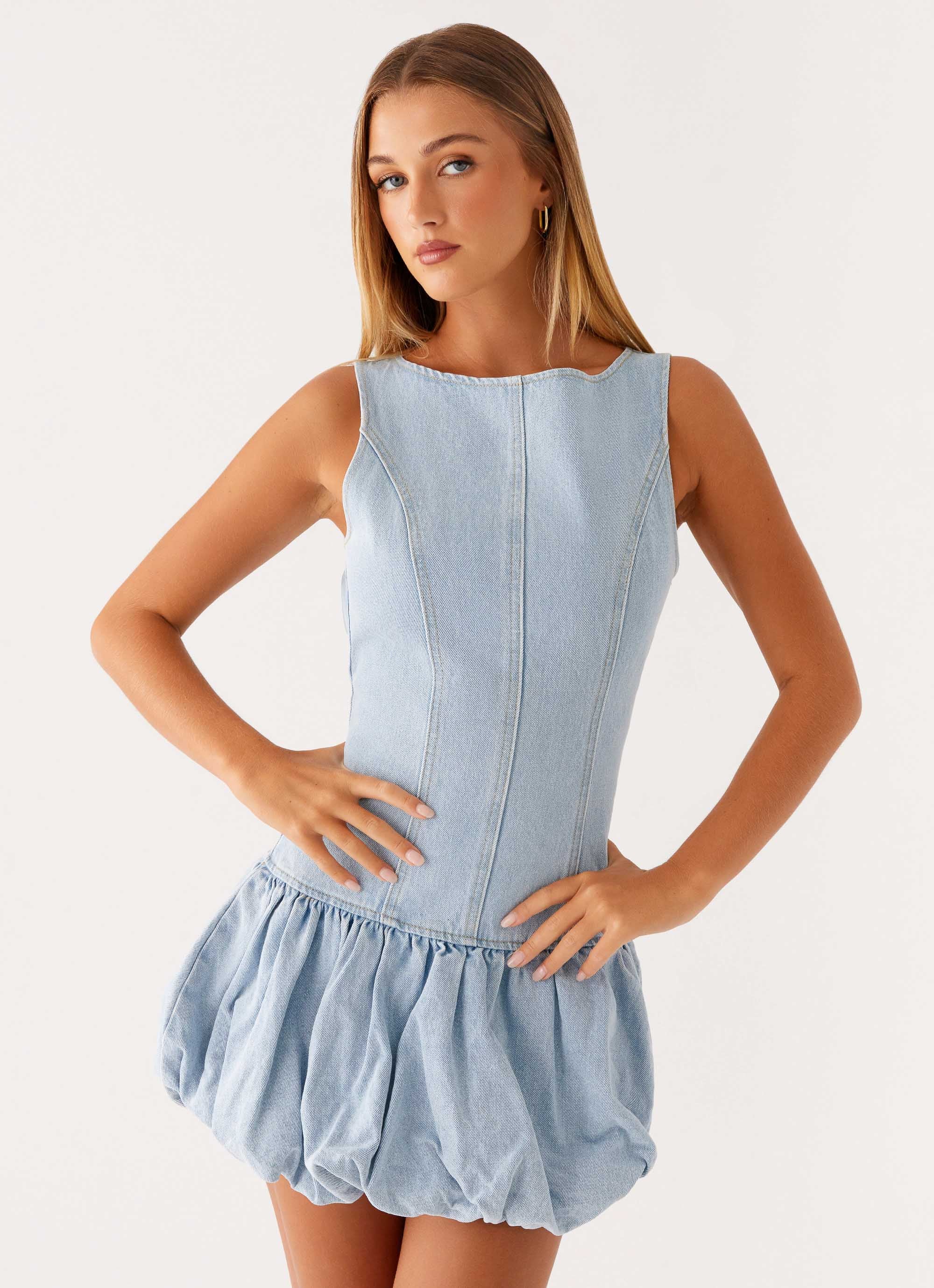 Meg Bubble Denim Mini Dress - Blue