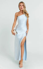 Isla Maxi Dress - Satin One Shoulder Side Split Dress in Sky Blue