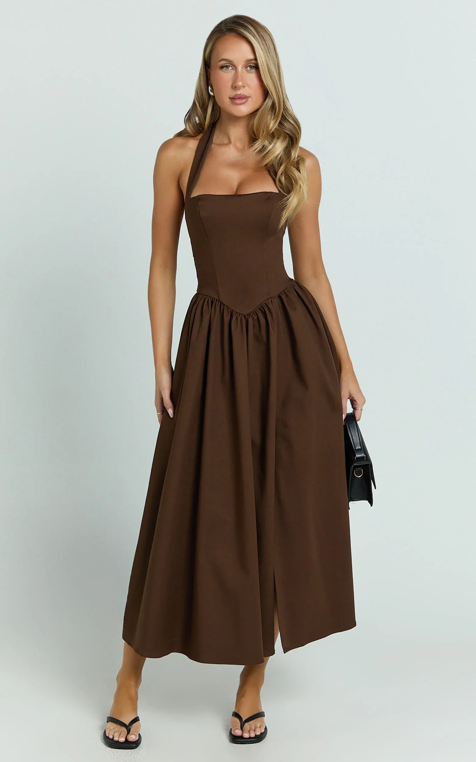 Helda Midi Dress - Halter Tie Neck Corset Panel Dress in Chocolate