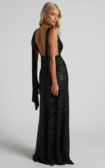 Malisha Maxi Dress - Sequin Cowl Neck Backless Dress in Black
