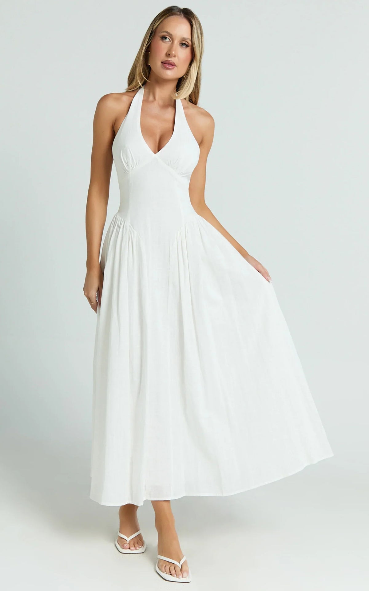 Athena Midi Dress - Halter Drop Waist Dress in White