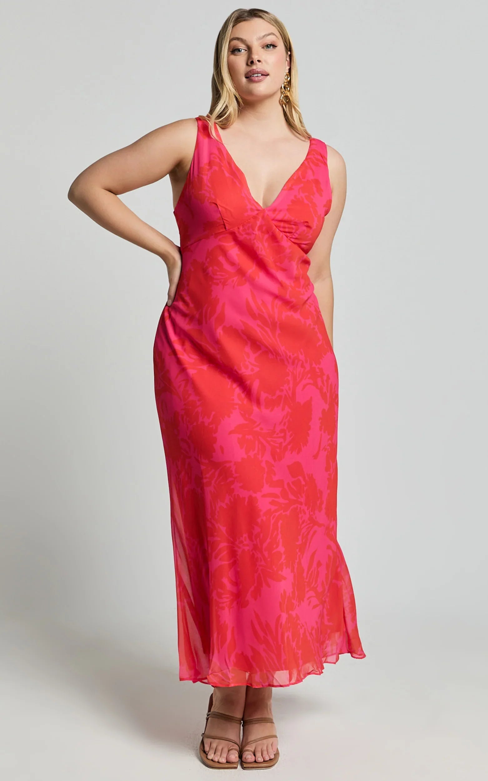 Jodie Midi Dress - V Neck Slip Dress in Pink Floral